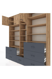 Hyperion Dolap 17 Raflı 6 Çekmeceli 3 Kapaklı 220x44x243 Çam-Çam/Antrasit