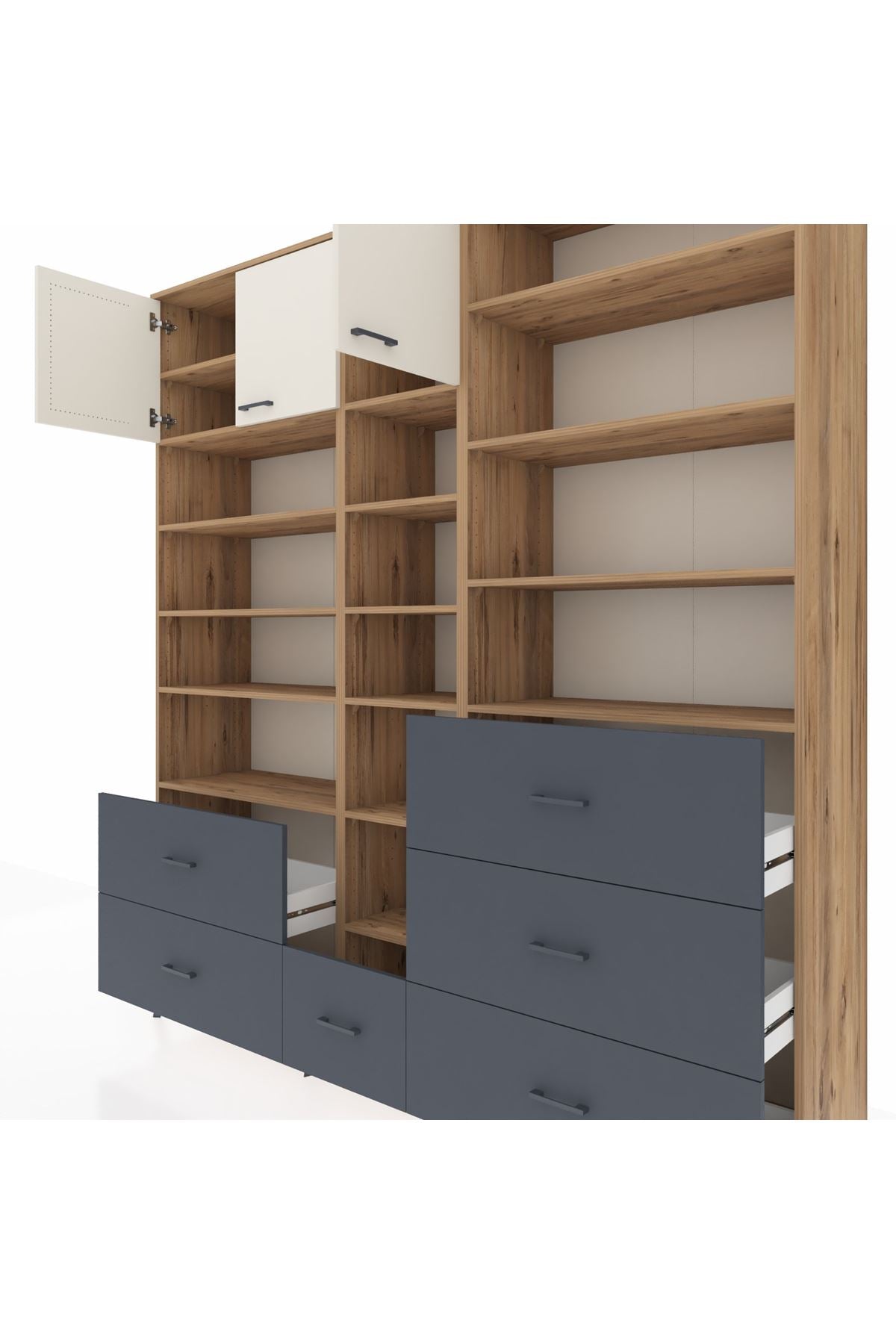 Hyperion Dolap 17 Raflı 6 Çekmeceli 3 Kapaklı 220x44x243 Çam-Aytaşı/Antrasit