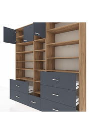 Hyperion Dolap 17 Raflı 6 Çekmeceli 3 Kapaklı 220x44x243 Çam-Antrasit/Antrasit
