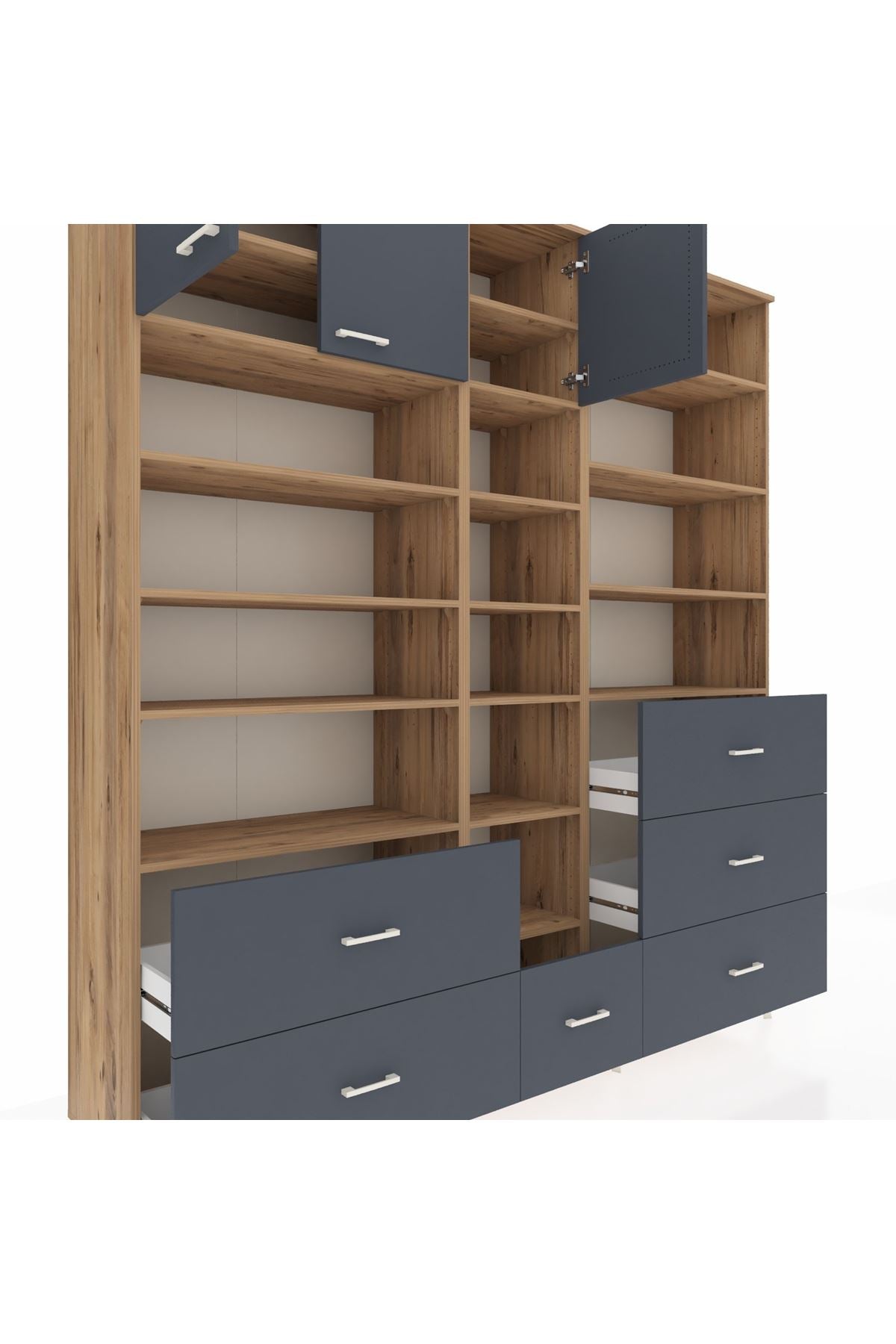 Hyperion Dolap 17 Raflı 6 Çekmeceli 3 Kapaklı 220x44x243 Çam-Antrasit/Antrasit