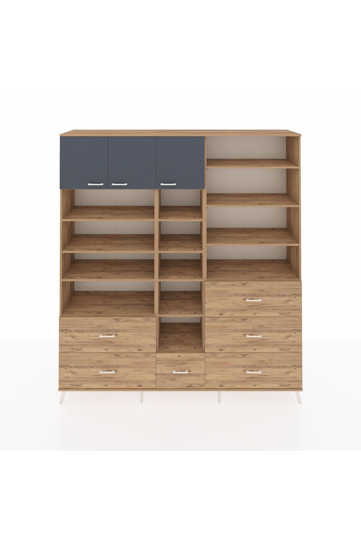 Hyperion Dolap 17 Raflı 6 Çekmeceli 3 Kapaklı 220x44x243 Çam-Antrasit/Çam