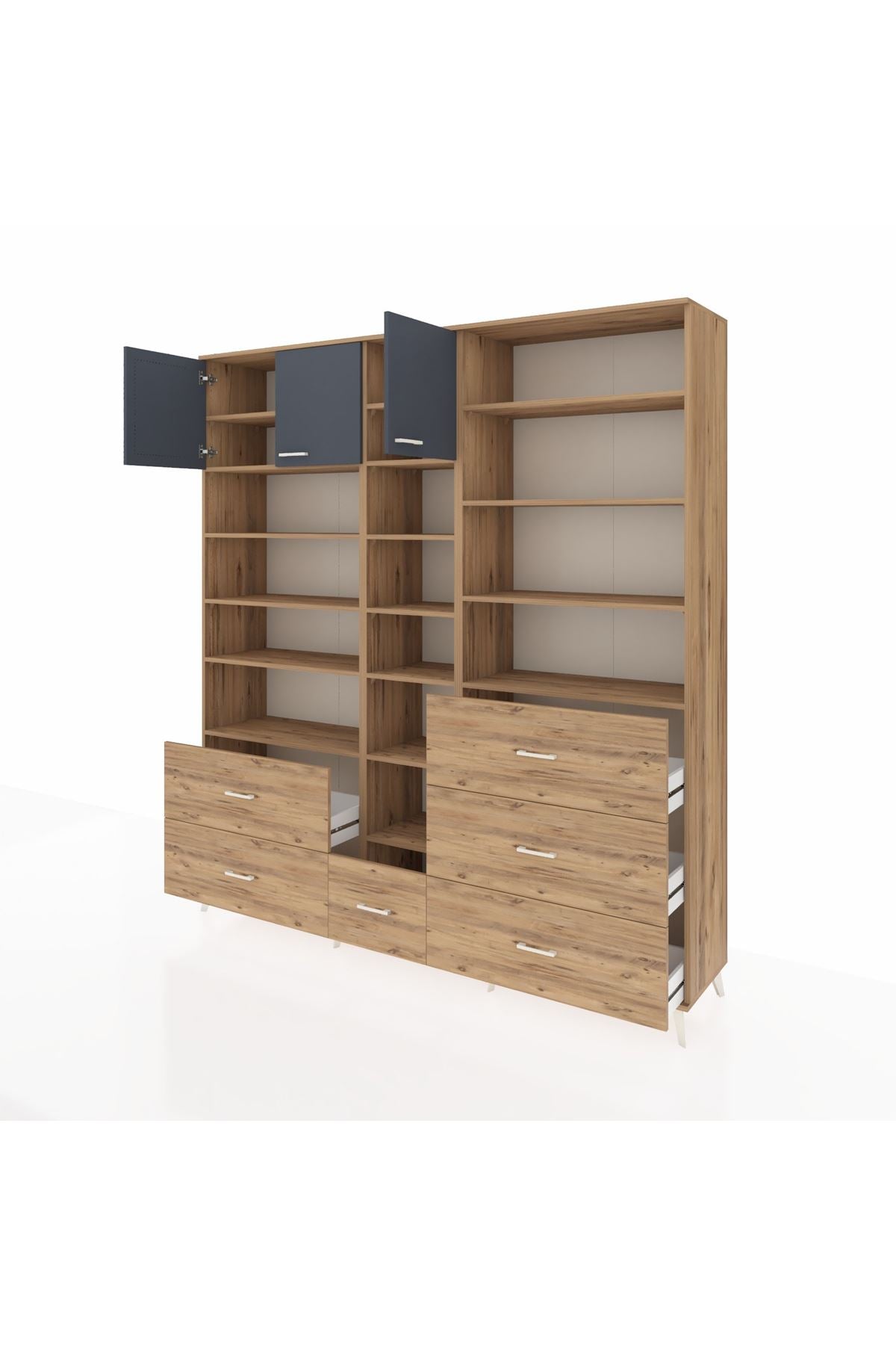 Hyperion Dolap 17 Raflı 6 Çekmeceli 3 Kapaklı 220x44x243 Çam-Antrasit/Çam