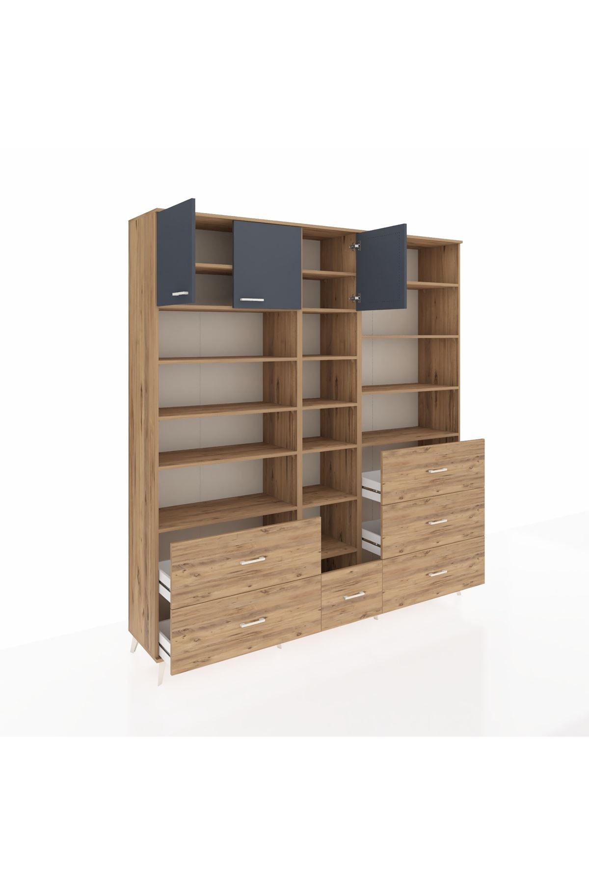 Hyperion Dolap 17 Raflı 6 Çekmeceli 3 Kapaklı 220x44x243 Çam-Antrasit/Çam