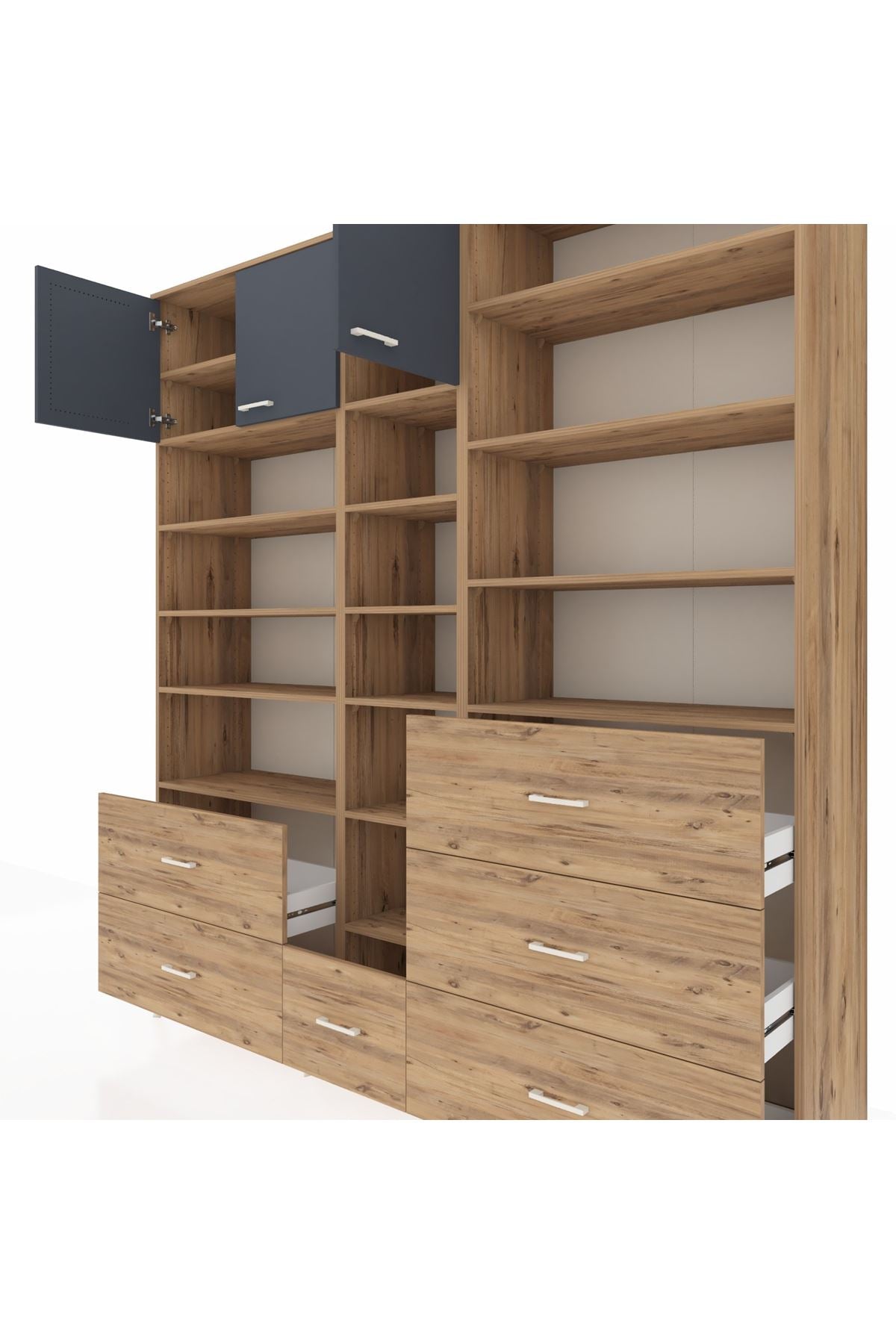 Hyperion Dolap 17 Raflı 6 Çekmeceli 3 Kapaklı 220x44x243 Çam-Antrasit/Çam