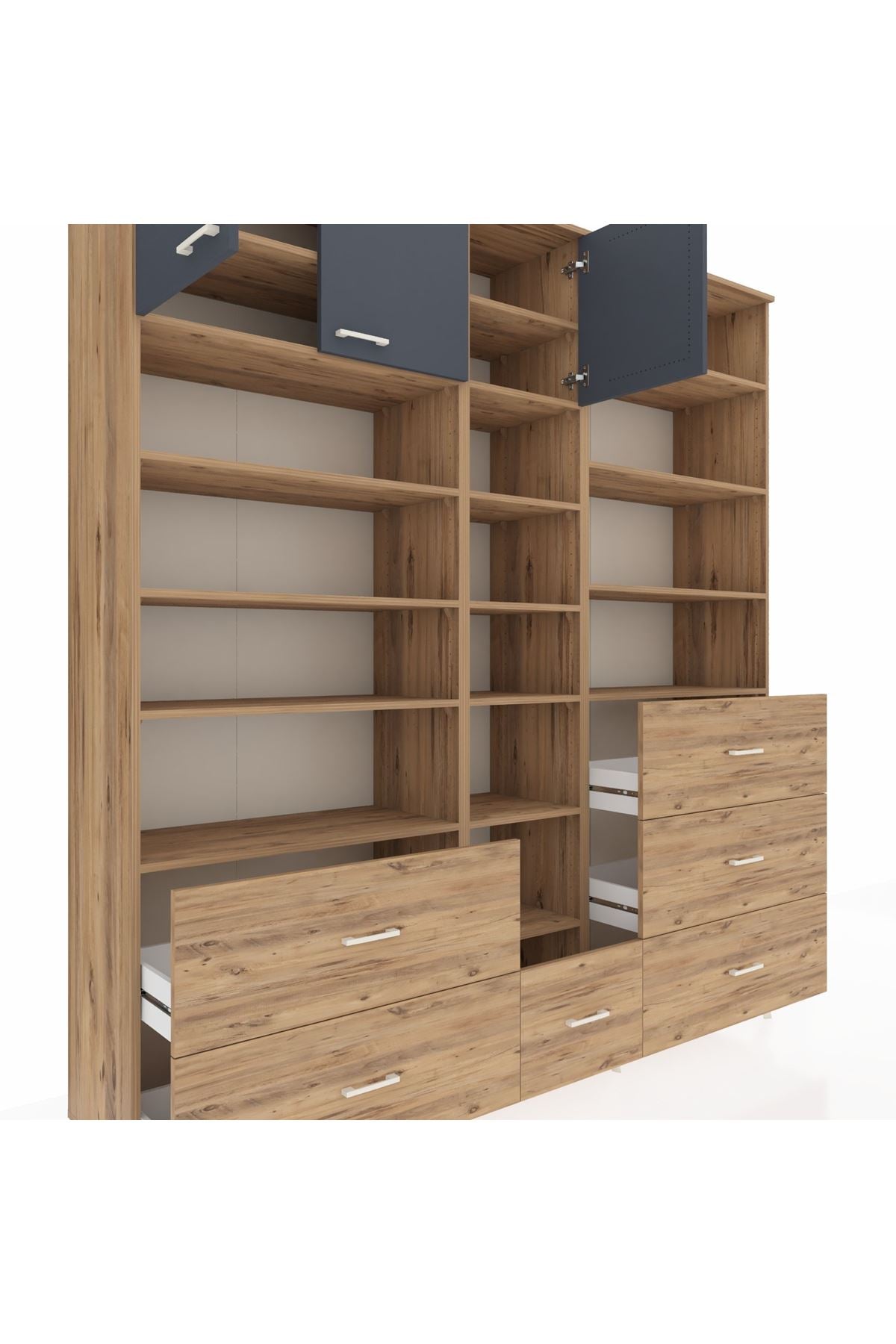 Hyperion Dolap 17 Raflı 6 Çekmeceli 3 Kapaklı 220x44x243 Çam-Antrasit/Çam