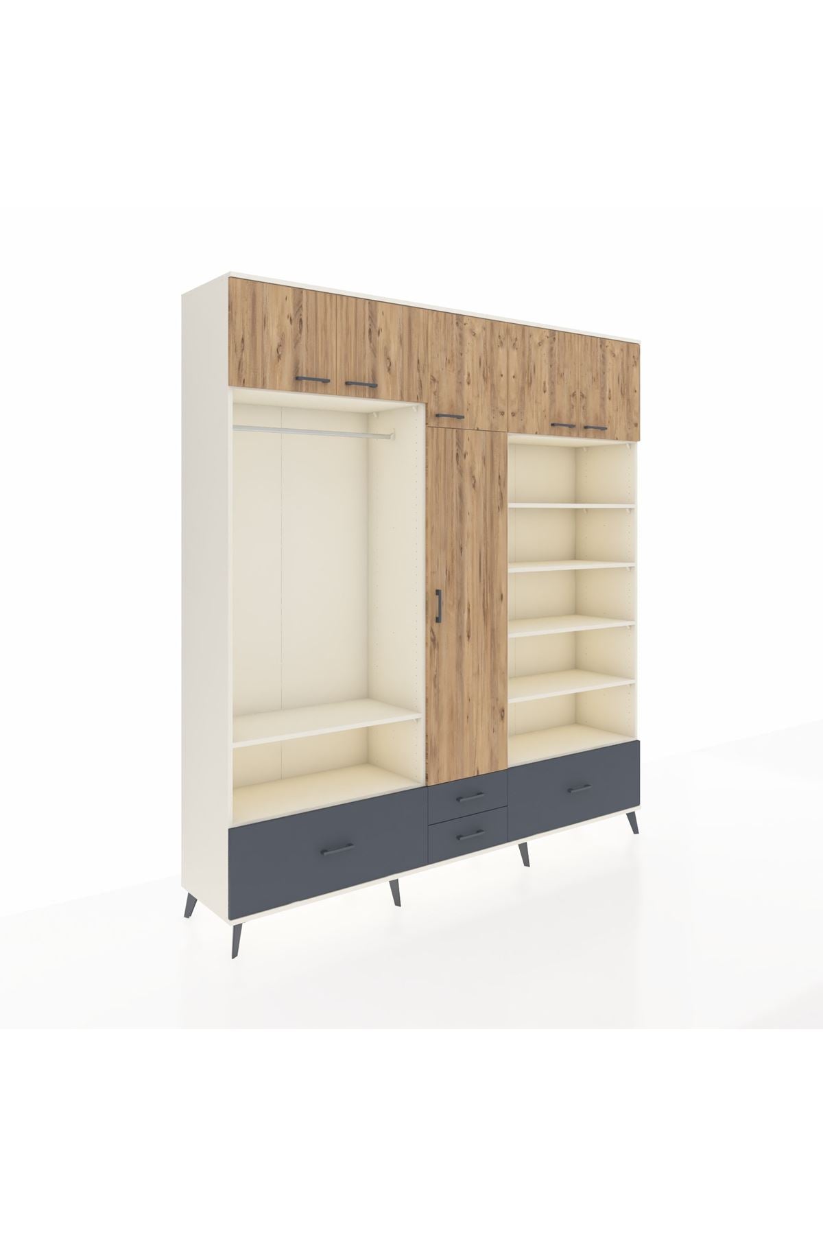 Hyperion Dolap 18 Raflı 4 Çekmeceli Tek Askılı 220x44x243 Aytaşı-Çam/Antrasit