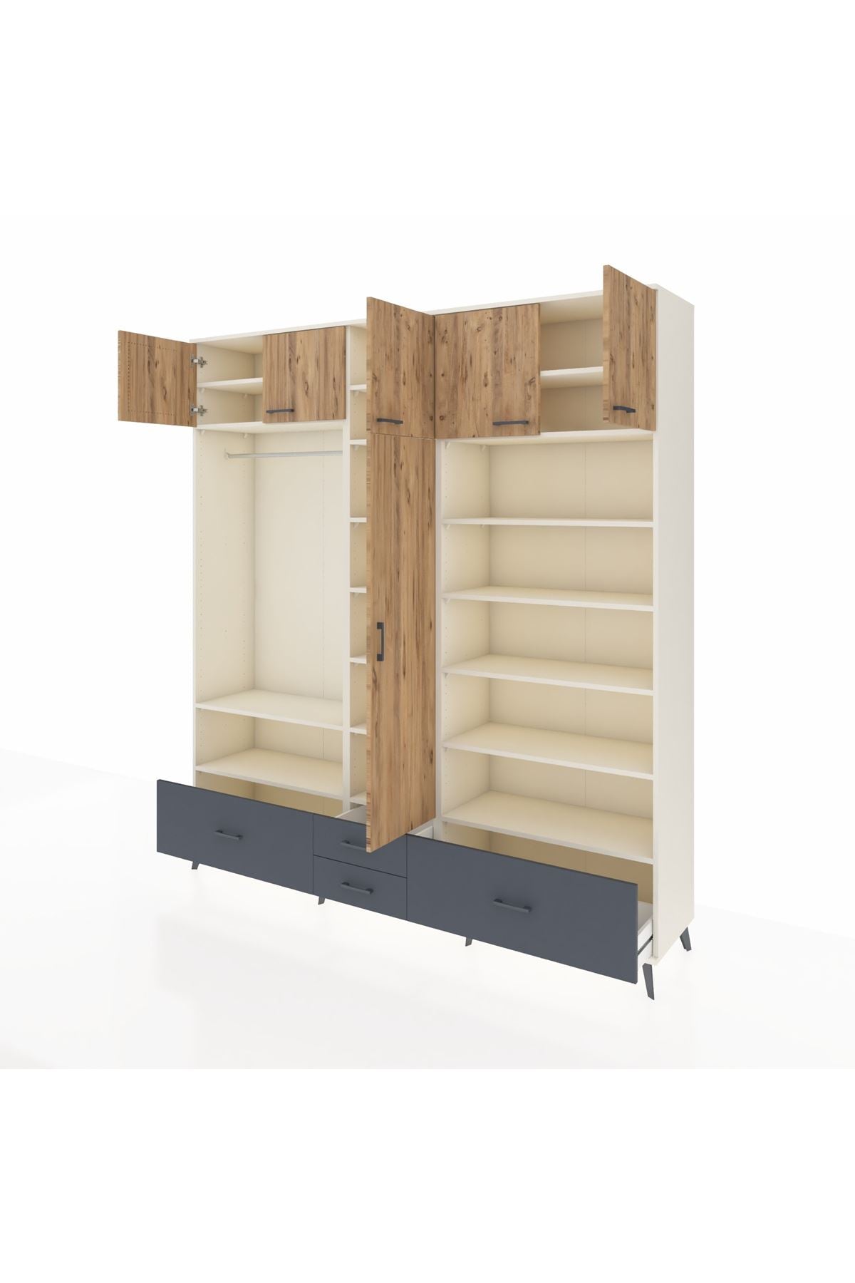 Hyperion Dolap 18 Raflı 4 Çekmeceli Tek Askılı 220x44x243 Aytaşı-Çam/Antrasit