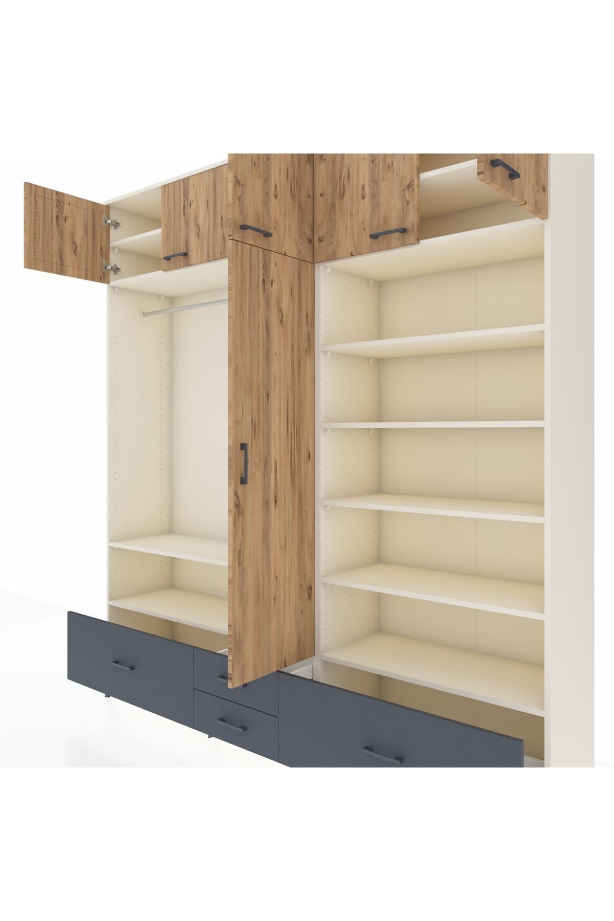 Hyperion Dolap 18 Raflı 4 Çekmeceli Tek Askılı 220x44x243 Aytaşı-Çam/Antrasit