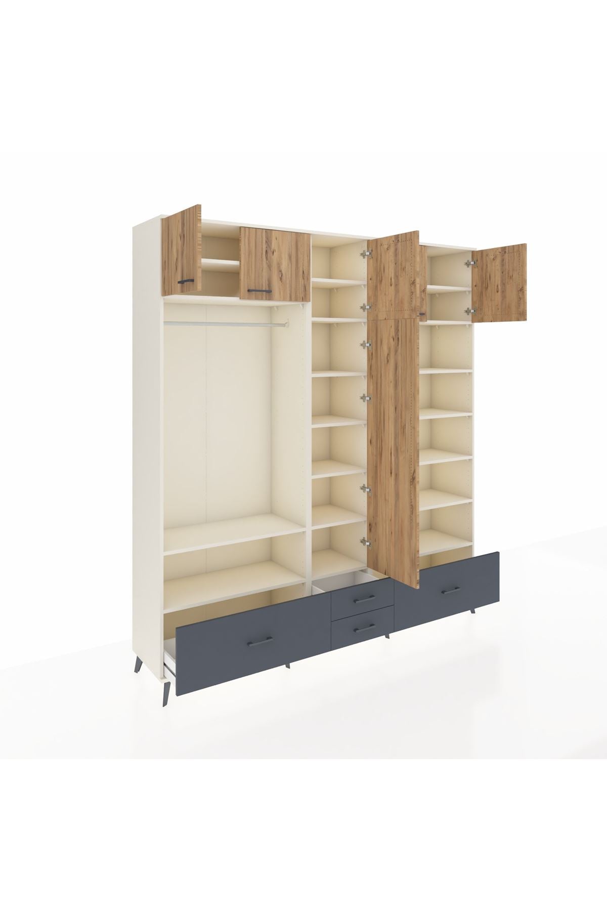 Hyperion Dolap 18 Raflı 4 Çekmeceli Tek Askılı 220x44x243 Aytaşı-Çam/Antrasit