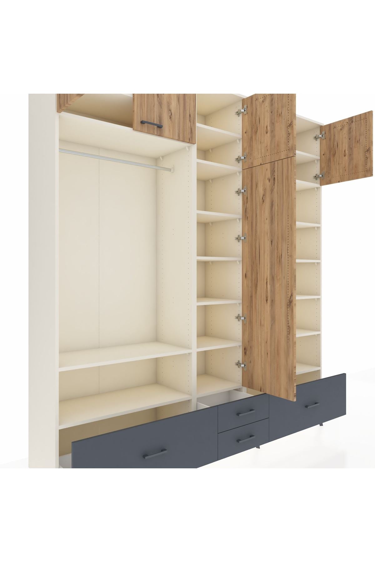 Hyperion Dolap 18 Raflı 4 Çekmeceli Tek Askılı 220x44x243 Aytaşı-Çam/Antrasit