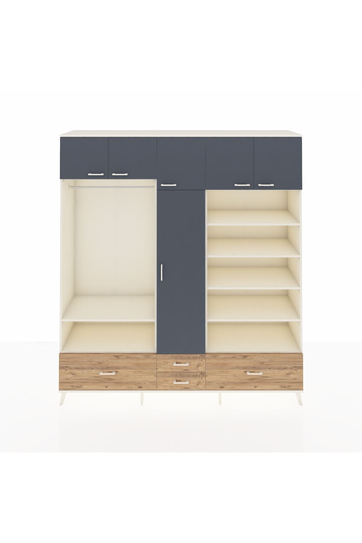 Hyperion Dolap 18 Raflı 4 Çekmeceli Tek Askılı 220x44x243 Aytaşı-Antrasit/Çam