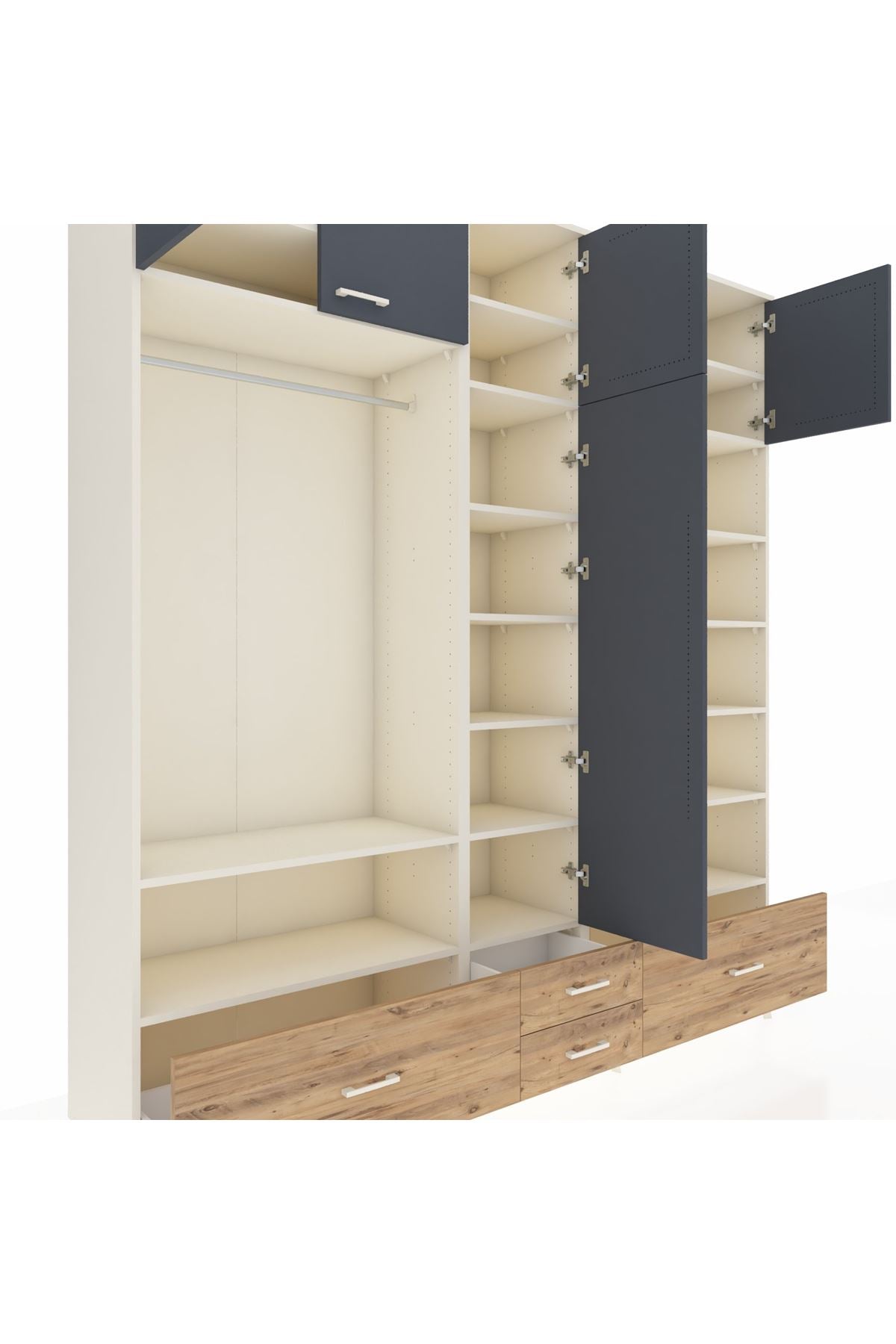 Hyperion Dolap 18 Raflı 4 Çekmeceli Tek Askılı 220x44x243 Aytaşı-Antrasit/Çam