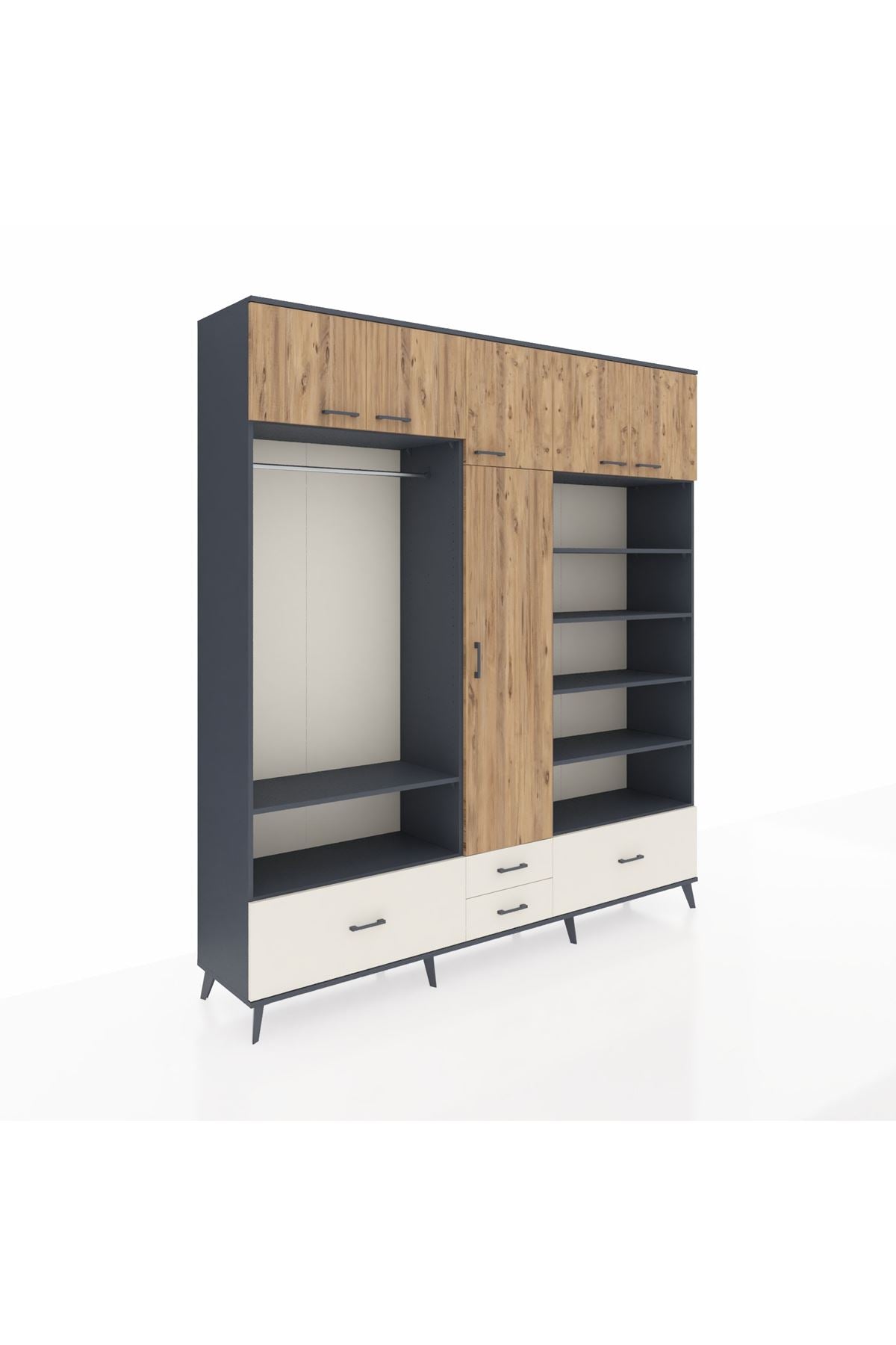Hyperion Dolap 18 Raflı 4 Çekmeceli Tek Askılı 220x44x243 Antrasit-Çam/Aytaşı