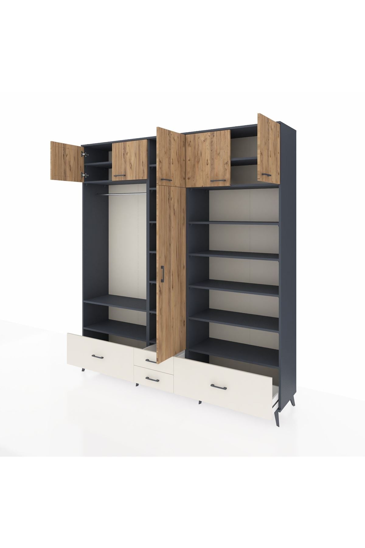 Hyperion Dolap 18 Raflı 4 Çekmeceli Tek Askılı 220x44x243 Antrasit-Çam/Aytaşı