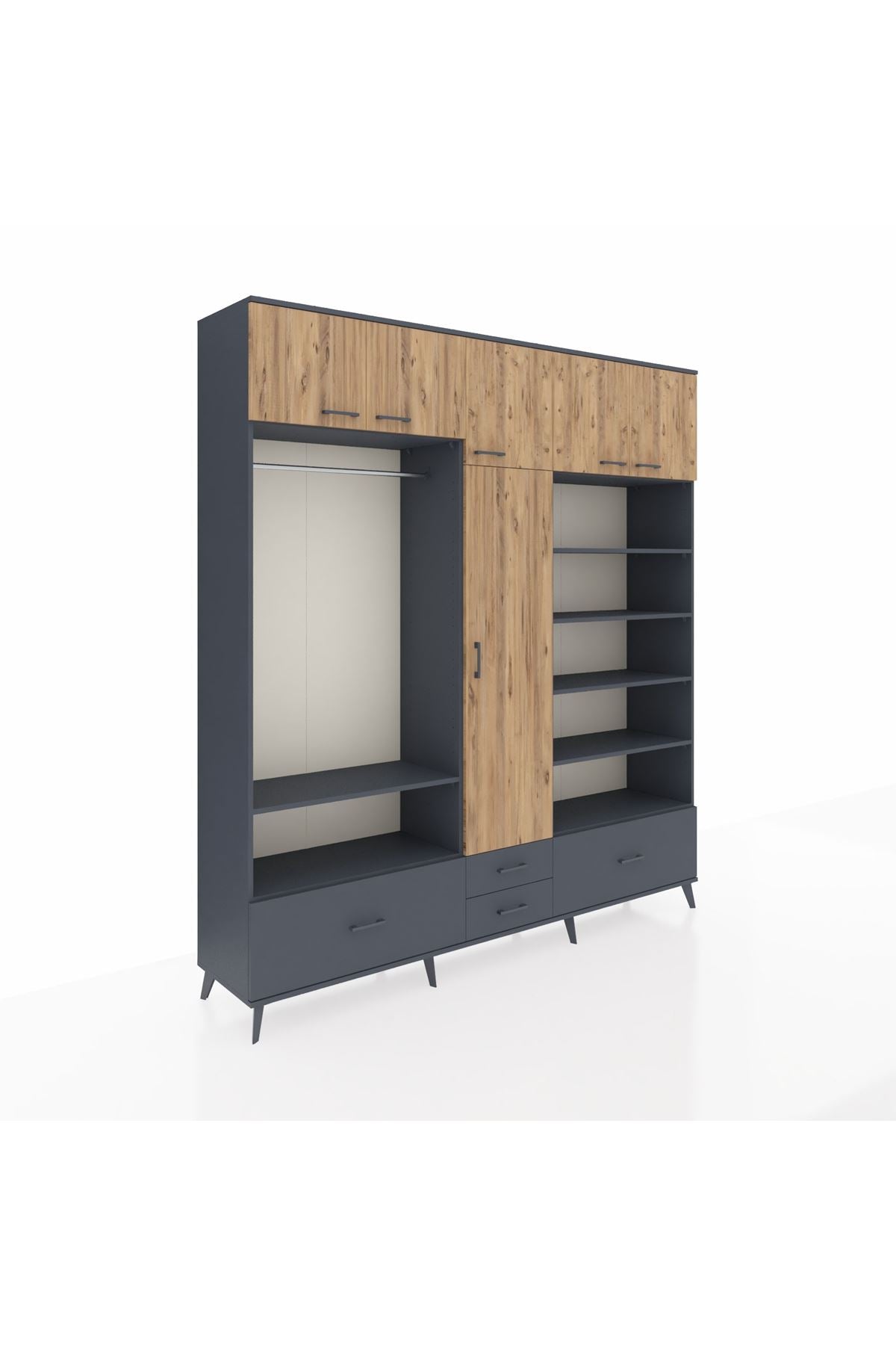 Hyperion Dolap 18 Raflı 4 Çekmeceli Tek Askılı 220x44x243 Antrasit-Çam/Antrasit