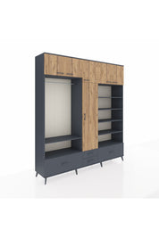 Hyperion Dolap 18 Raflı 4 Çekmeceli Tek Askılı 220x44x243 Antrasit-Çam/Antrasit