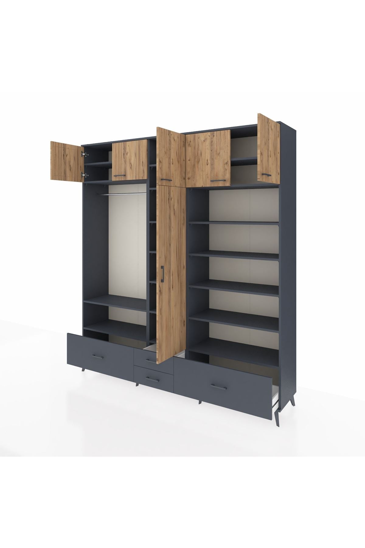 Hyperion Dolap 18 Raflı 4 Çekmeceli Tek Askılı 220x44x243 Antrasit-Çam/Antrasit