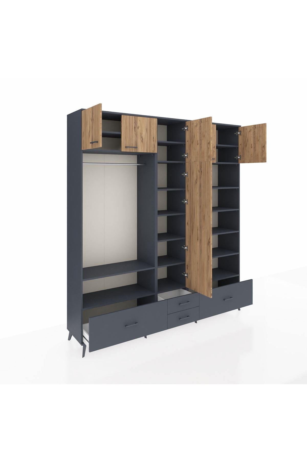 Hyperion Dolap 18 Raflı 4 Çekmeceli Tek Askılı 220x44x243 Antrasit-Çam/Antrasit