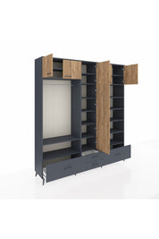 Hyperion Dolap 18 Raflı 4 Çekmeceli Tek Askılı 220x44x243 Antrasit-Çam/Antrasit