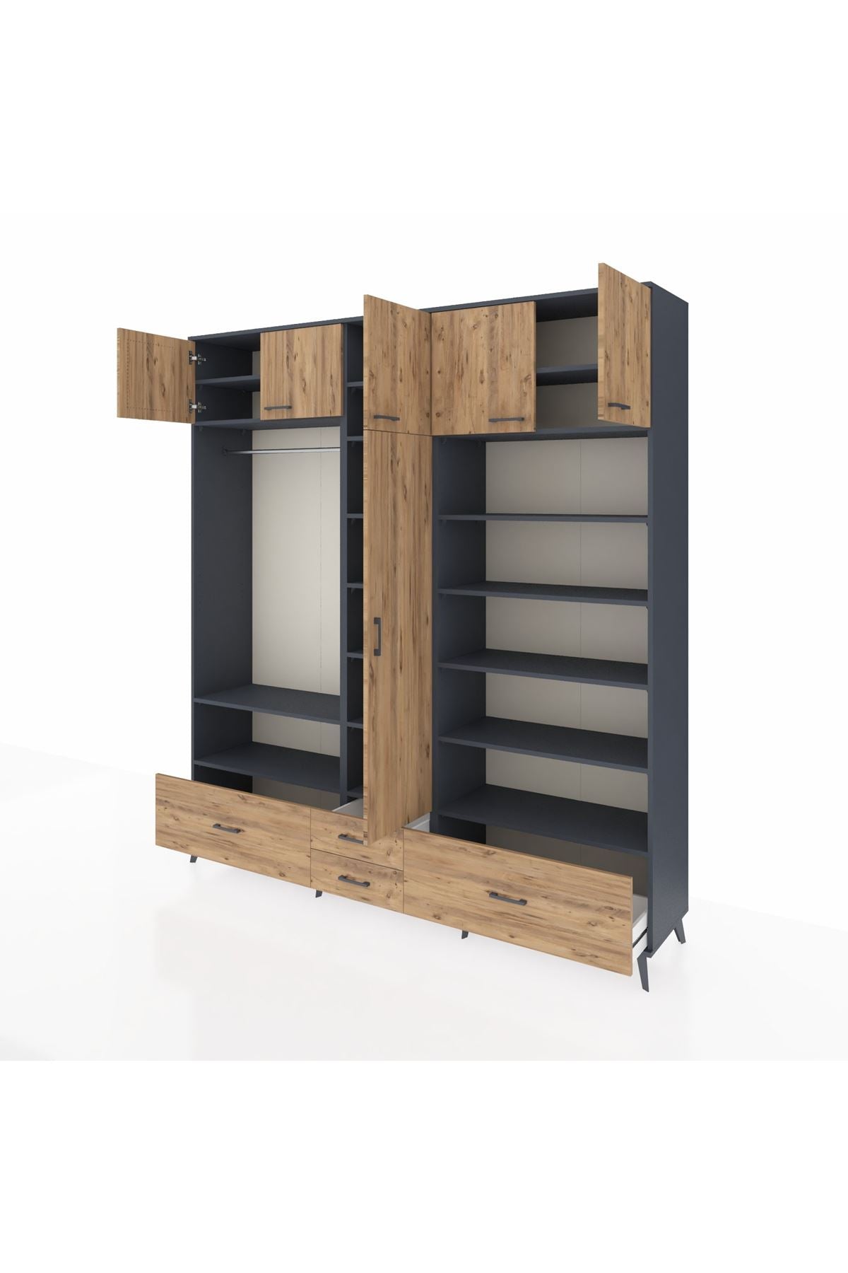Hyperion Dolap 18 Raflı 4 Çekmeceli Tek Askılı 220x44x243 Antrasit-Çam/Çam