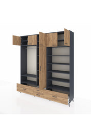 Hyperion Dolap 18 Raflı 4 Çekmeceli Tek Askılı 220x44x243 Antrasit-Çam/Çam