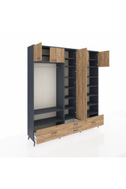 Hyperion Dolap 18 Raflı 4 Çekmeceli Tek Askılı 220x44x243 Antrasit-Çam/Çam