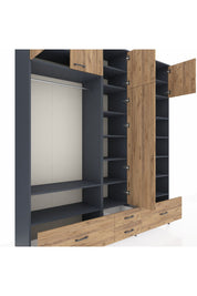 Hyperion Dolap 18 Raflı 4 Çekmeceli Tek Askılı 220x44x243 Antrasit-Çam/Çam