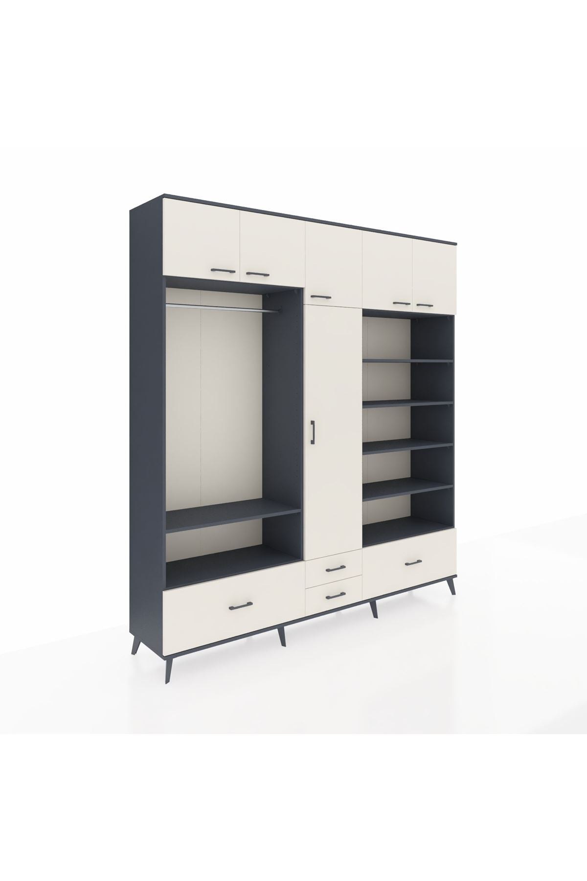Hyperion Dolap 18 Raflı 4 Çekmeceli Tek Askılı 220x44x243 Antrasit-Aytaşı/Aytaşı