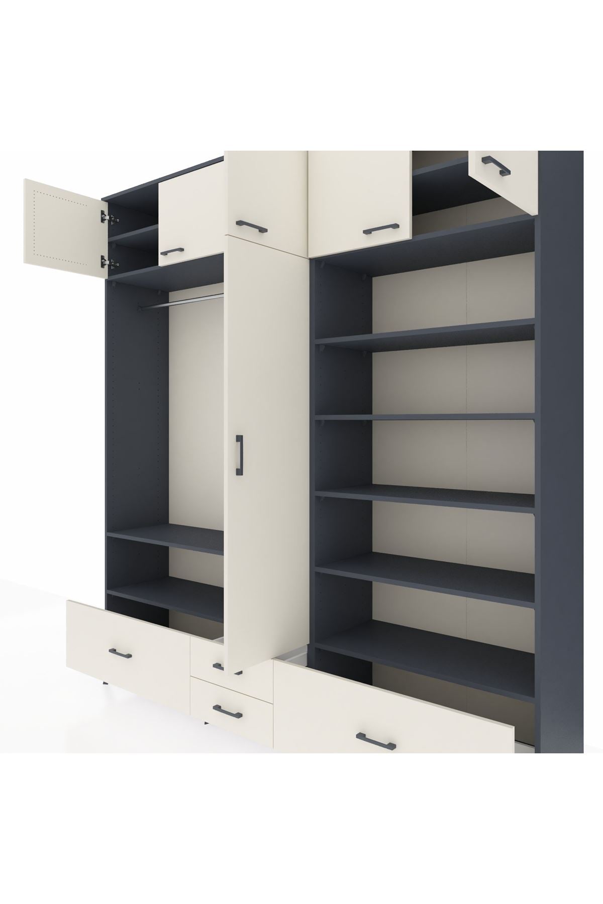 Hyperion Dolap 18 Raflı 4 Çekmeceli Tek Askılı 220x44x243 Antrasit-Aytaşı/Aytaşı