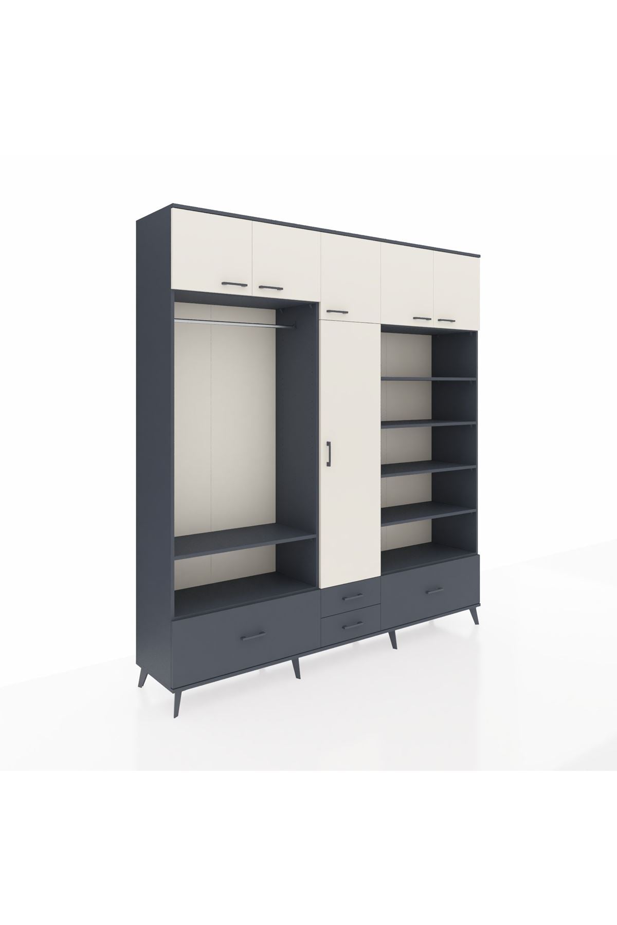 Hyperion Dolap 18 Raflı 4 Çekmeceli Tek Askılı 220x44x243 Antrasit-Aytaşı/Antrasit