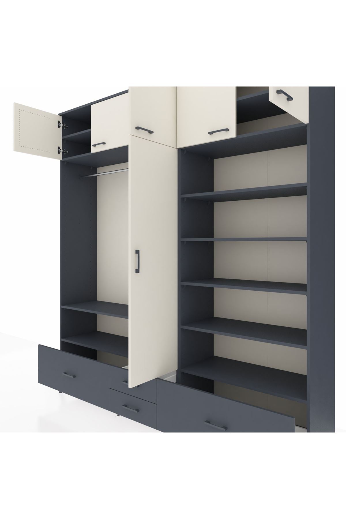 Hyperion Dolap 18 Raflı 4 Çekmeceli Tek Askılı 220x44x243 Antrasit-Aytaşı/Antrasit