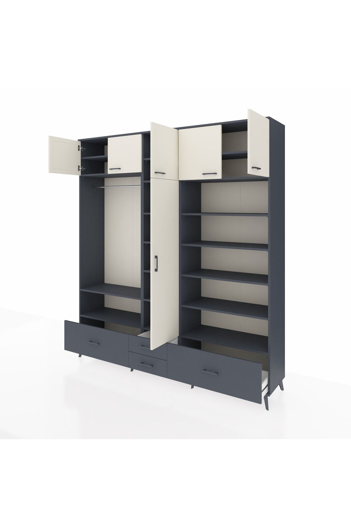 Hyperion Dolap 18 Raflı 4 Çekmeceli Tek Askılı 220x44x243 Antrasit-Aytaşı/Antrasit