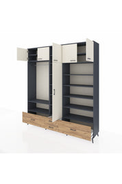 Hyperion Dolap 18 Raflı 4 Çekmeceli Tek Askılı 220x44x243 Antrasit-Aytaşı/Çam