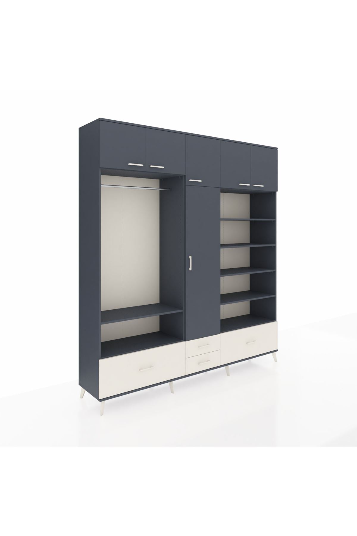 Hyperion Dolap 18 Raflı 4 Çekmeceli Tek Askılı 220x44x243 Antrasit-Antrasit/Aytaşı