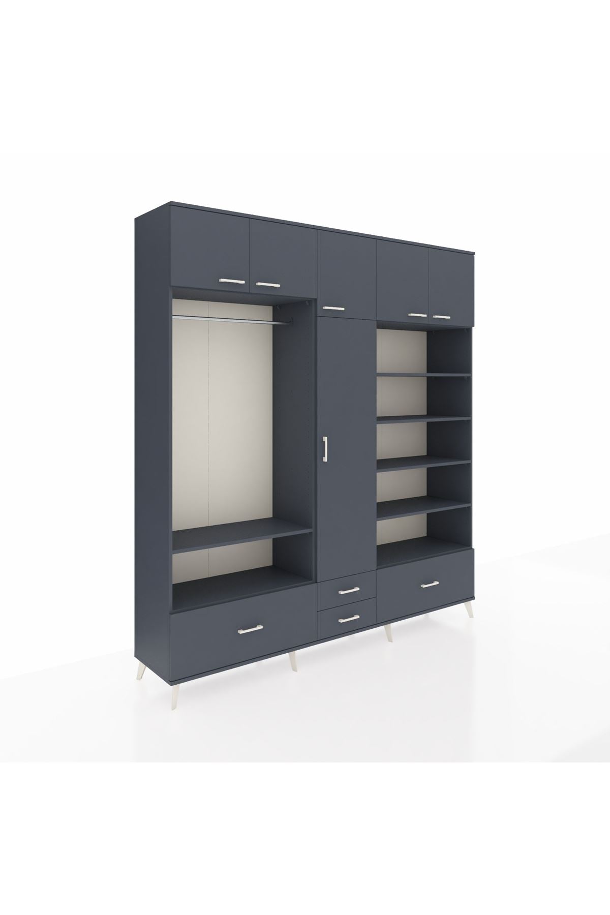 Hyperion Dolap 18 Raflı 4 Çekmeceli Tek Askılı 220x44x243 Antrasit-Antrasit/Antrasit