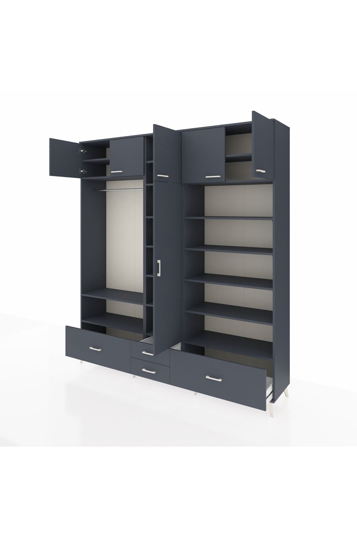 Hyperion Dolap 18 Raflı 4 Çekmeceli Tek Askılı 220x44x243 Antrasit-Antrasit/Antrasit