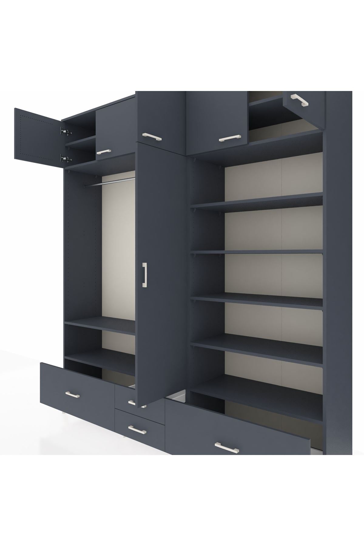 Hyperion Dolap 18 Raflı 4 Çekmeceli Tek Askılı 220x44x243 Antrasit-Antrasit/Antrasit