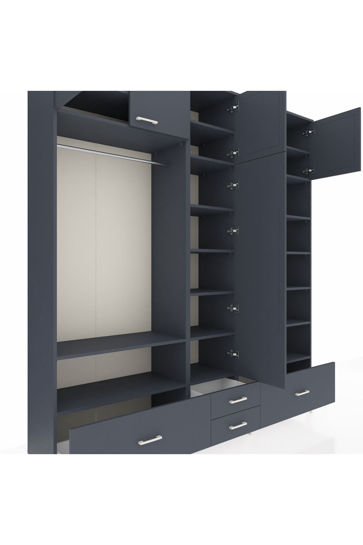 Hyperion Dolap 18 Raflı 4 Çekmeceli Tek Askılı 220x44x243 Antrasit-Antrasit/Antrasit