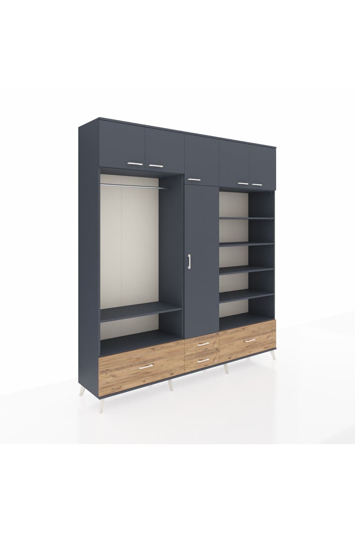 Hyperion Dolap 18 Raflı 4 Çekmeceli Tek Askılı 220x44x243 Antrasit-Antrasit/Çam