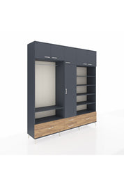 Hyperion Dolap 18 Raflı 4 Çekmeceli Tek Askılı 220x44x243 Antrasit-Antrasit/Çam