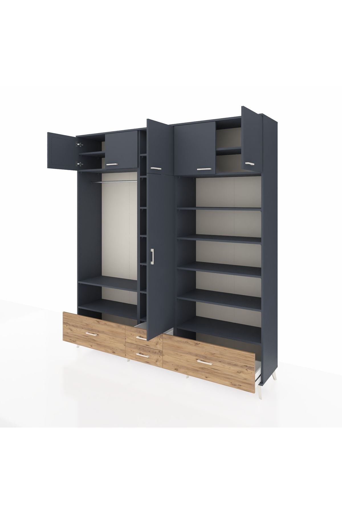 Hyperion Dolap 18 Raflı 4 Çekmeceli Tek Askılı 220x44x243 Antrasit-Antrasit/Çam