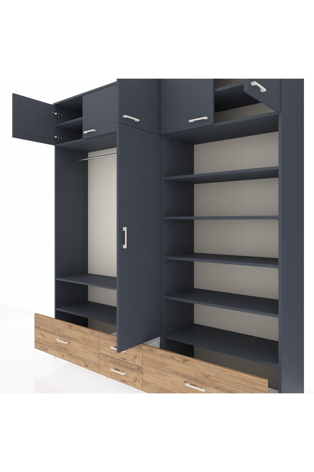 Hyperion Dolap 18 Raflı 4 Çekmeceli Tek Askılı 220x44x243 Antrasit-Antrasit/Çam