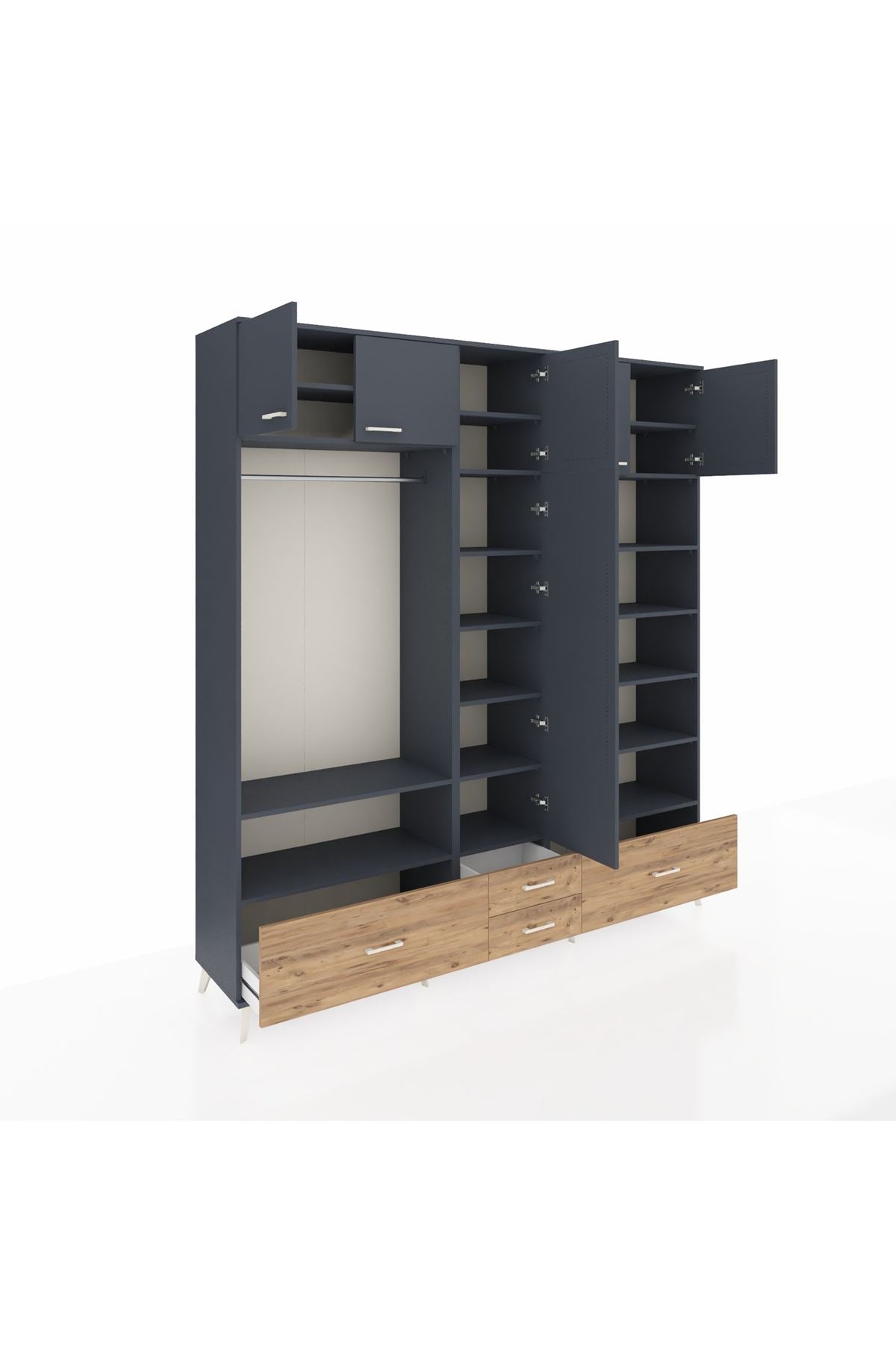 Hyperion Dolap 18 Raflı 4 Çekmeceli Tek Askılı 220x44x243 Antrasit-Antrasit/Çam