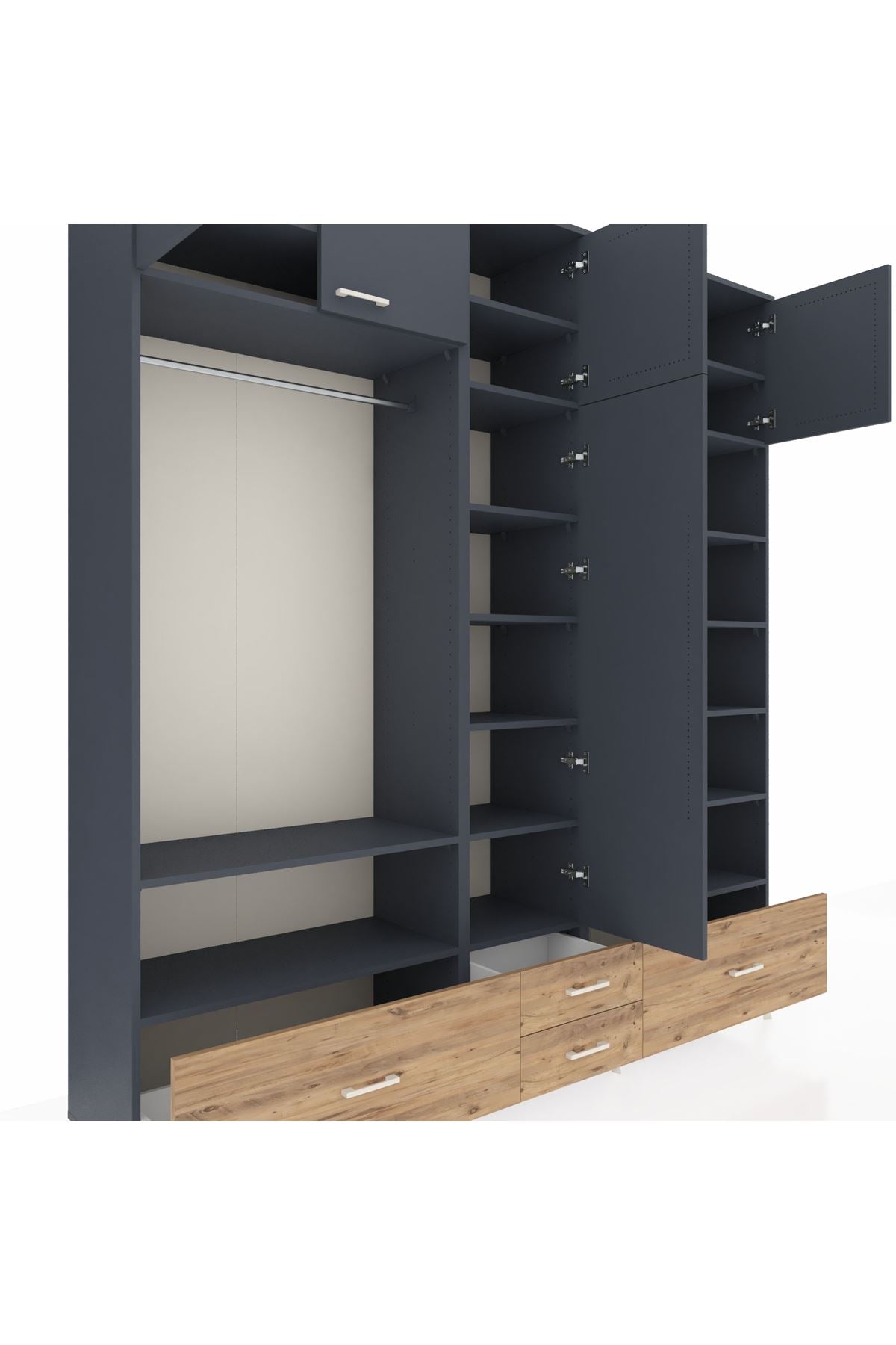 Hyperion Dolap 18 Raflı 4 Çekmeceli Tek Askılı 220x44x243 Antrasit-Antrasit/Çam