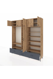 Hyperion Dolap 18 Raflı 4 Çekmeceli Tek Askılı 220x44x243 Çam-Çam/Antrasit