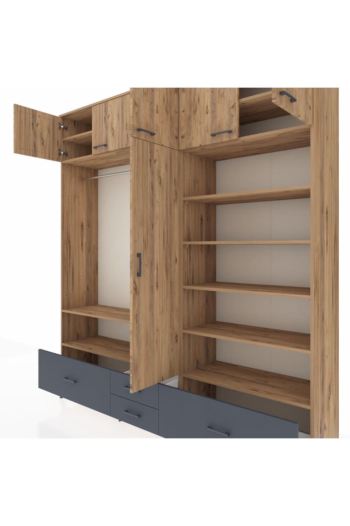 Hyperion Dolap 18 Raflı 4 Çekmeceli Tek Askılı 220x44x243 Çam-Çam/Antrasit