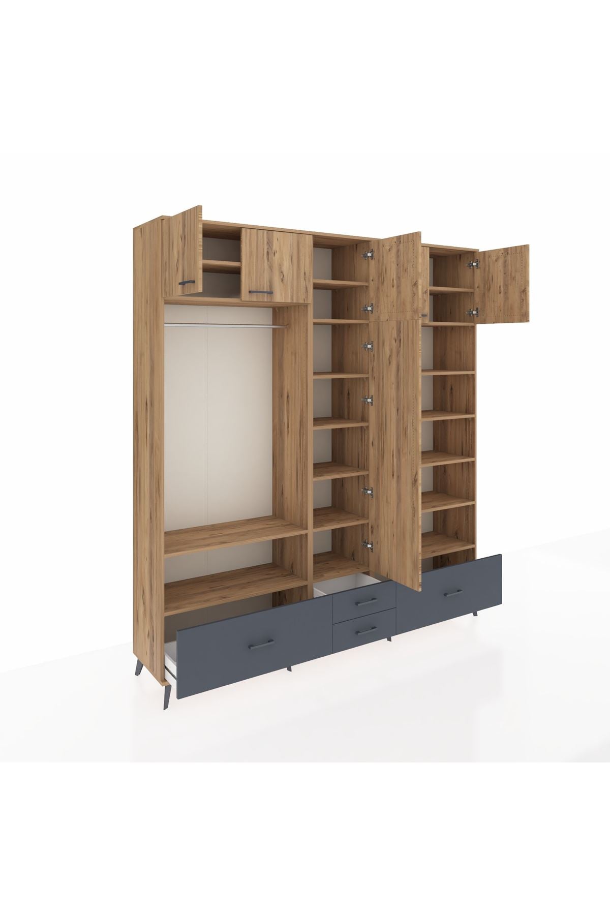 Hyperion Dolap 18 Raflı 4 Çekmeceli Tek Askılı 220x44x243 Çam-Çam/Antrasit