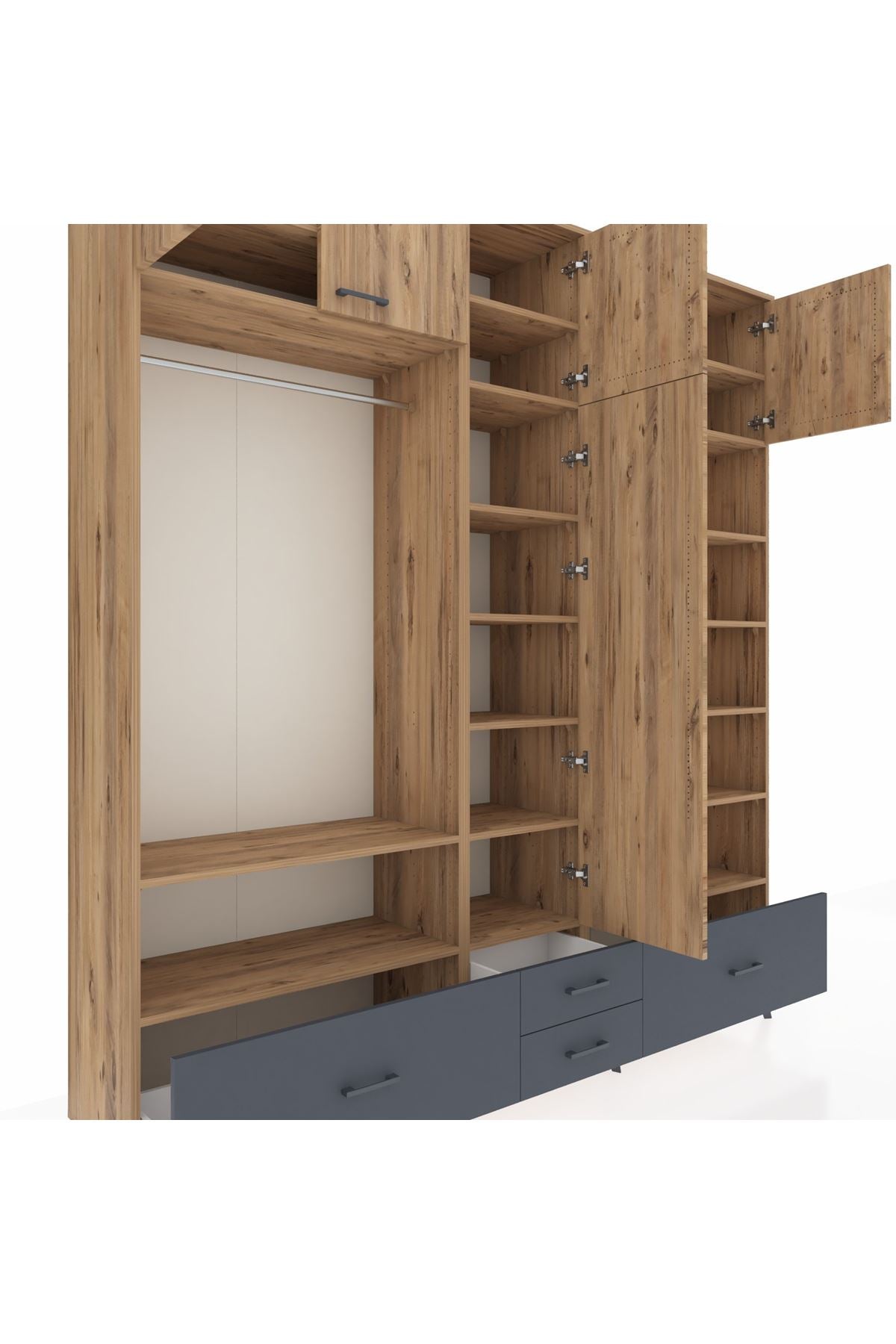 Hyperion Dolap 18 Raflı 4 Çekmeceli Tek Askılı 220x44x243 Çam-Çam/Antrasit