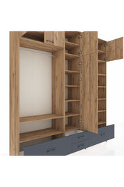 Hyperion Dolap 18 Raflı 4 Çekmeceli Tek Askılı 220x44x243 Çam-Çam/Antrasit
