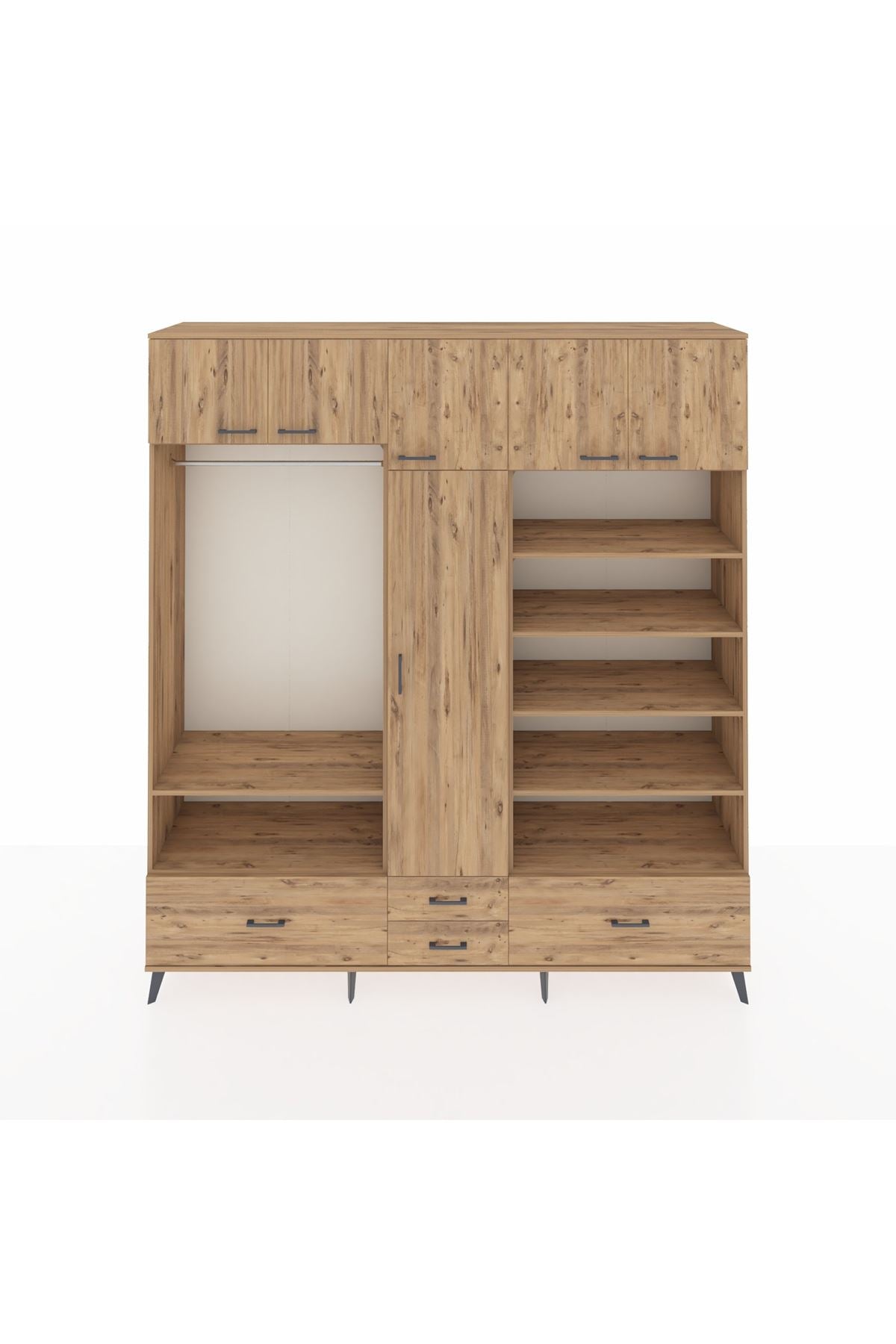 Hyperion Dolap 18 Raflı 4 Çekmeceli Tek Askılı 220x44x243 Çam-Çam/Çam